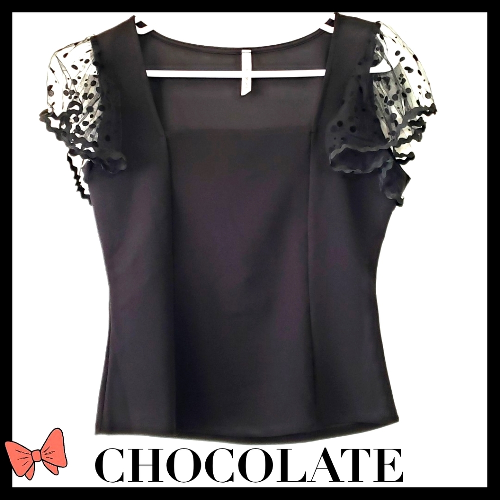 ♥️ $  3/$15 CHOCOLATE:Size:L/ Black Blouse w/ Lace Dot Sleeves